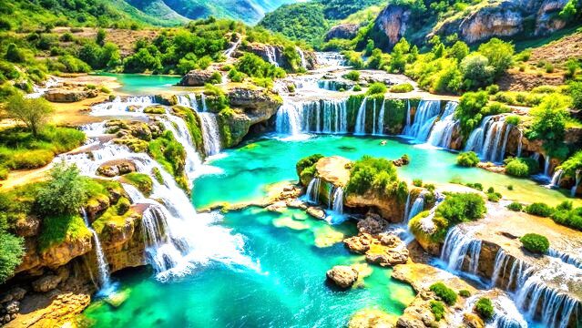 a stunning scenic view of water falls and mountains in Oman