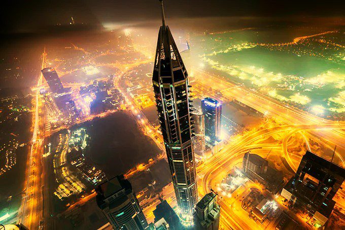 amazing night view of dubai 101 marine tower