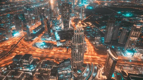 an amazing aerial night view of UAE skylines