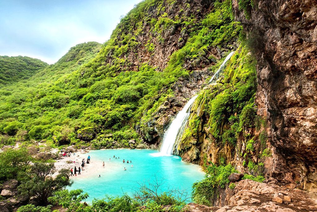 a fabulous view of lush valley with waterfalloman ,the secret paradise of GULF