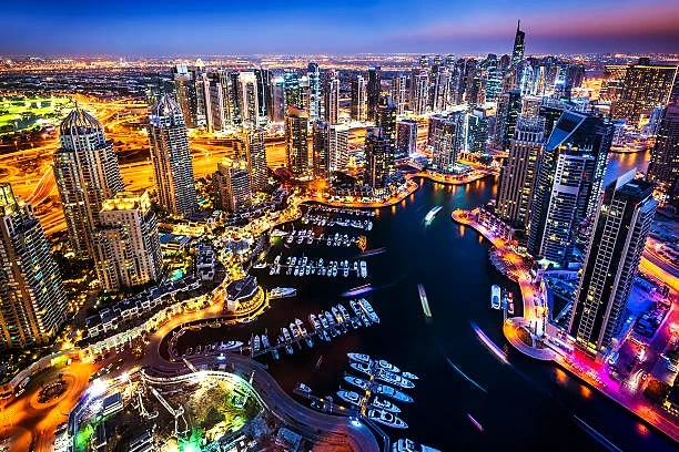 a stunning view of dubai marine night view from sky