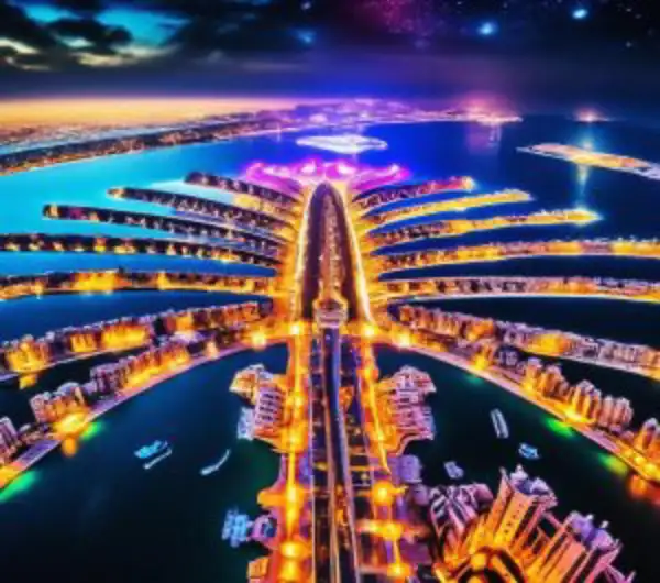 an amazing view lighted view of dubai palm island